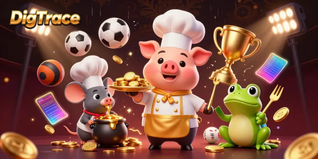 Engaging scene showcasing DigTrace tools with a chef pig, sous-chef mouse, and critic frog enjoying gold coins and sports elements.