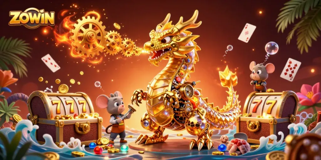 ZOWIN presents a vibrant scene of a golden dragon surrounded by exploding slot machines and treasure.