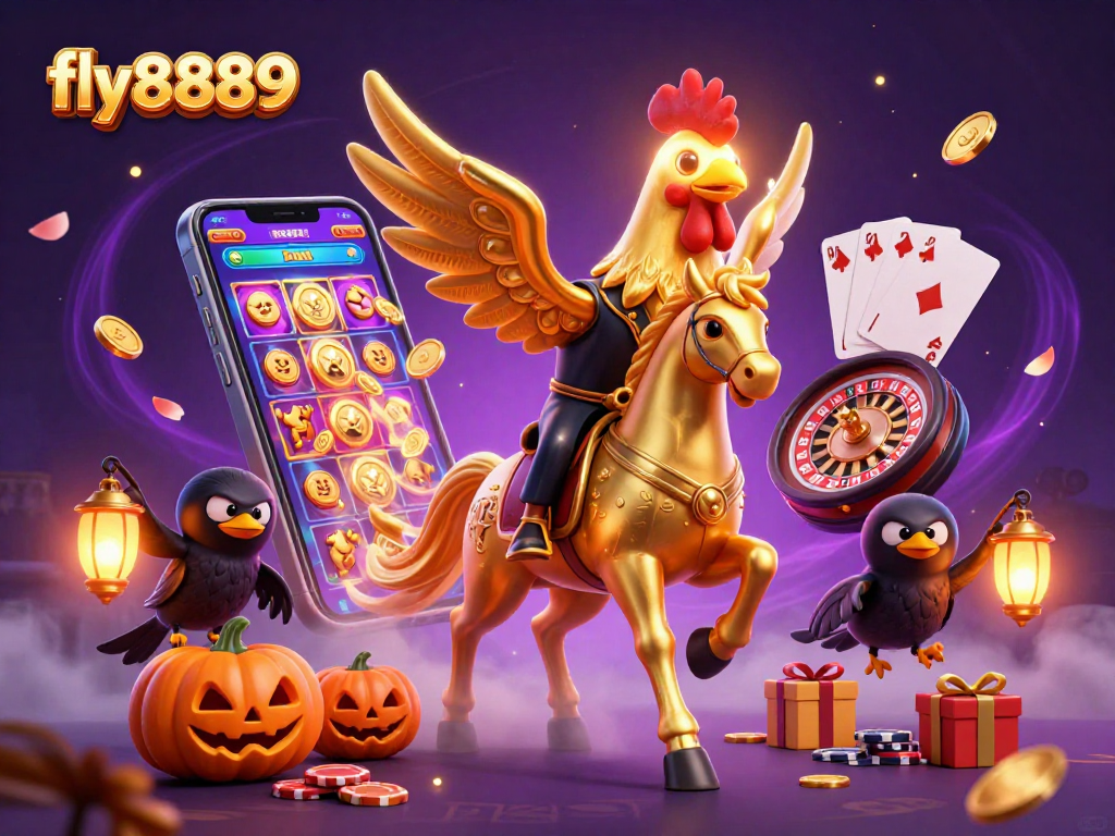 Playing vibrant games at fly8889, golden rooster and pumpkin crows illuminate the casino scene with excitement.