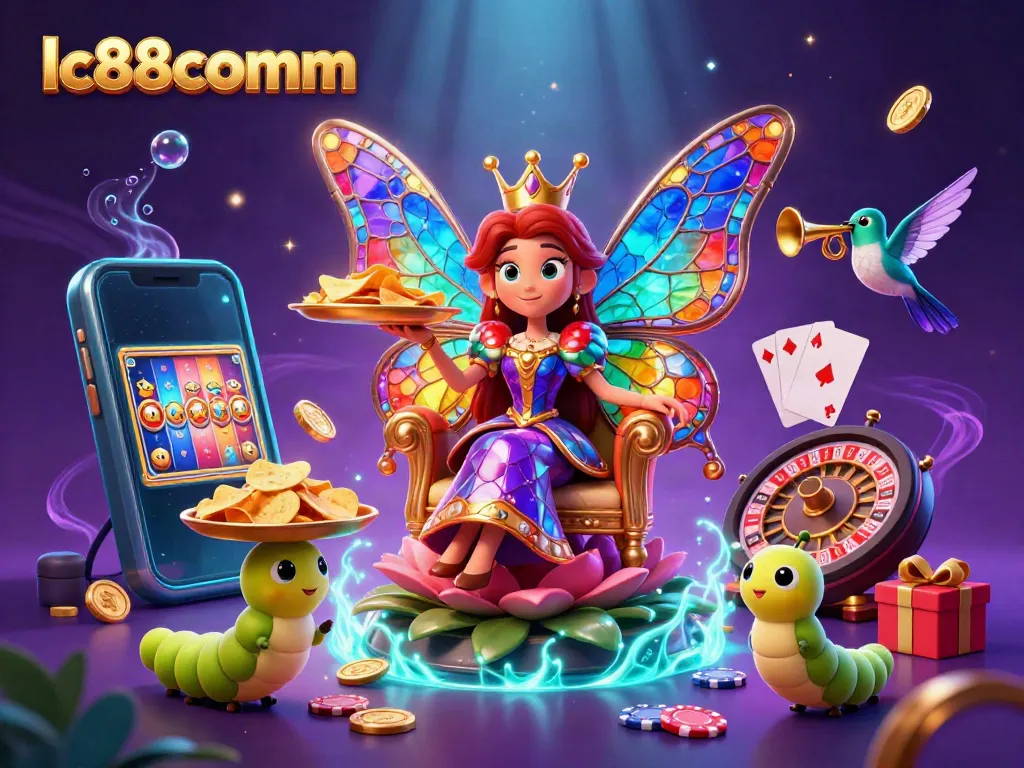 Experience the vibrant world of lc88comm with a colorful 3D butterfly queen and dynamic casino elements.