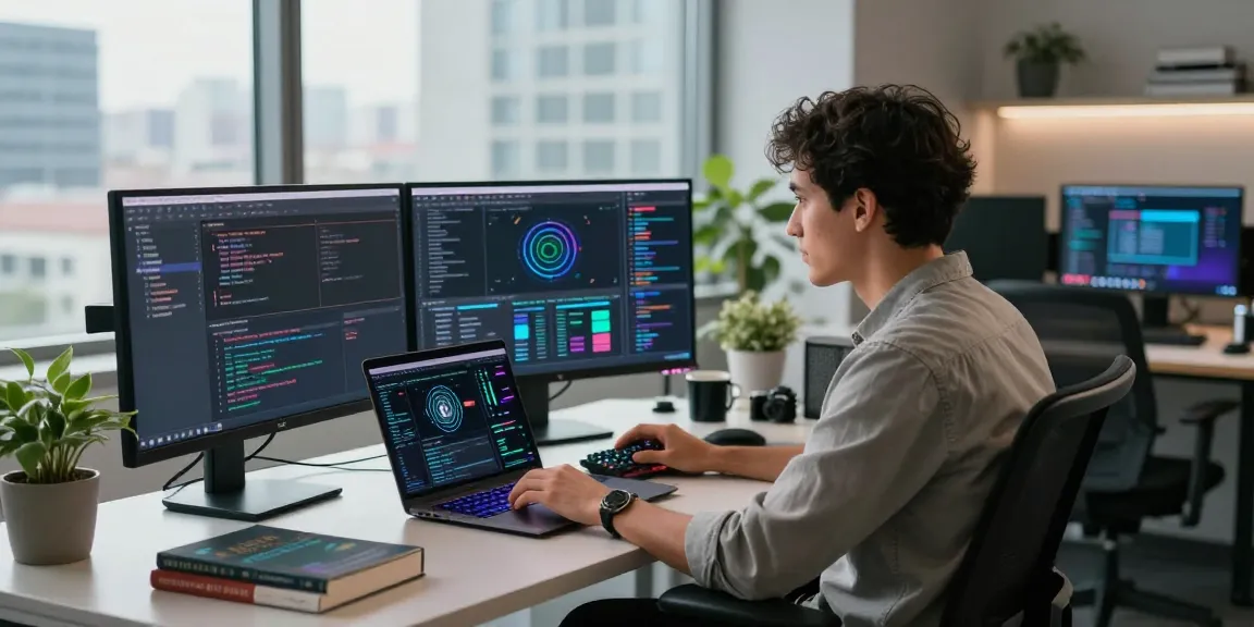 Engineer utilizing crush ai technology in a modern workspace, surrounded by screens and coding visuals.