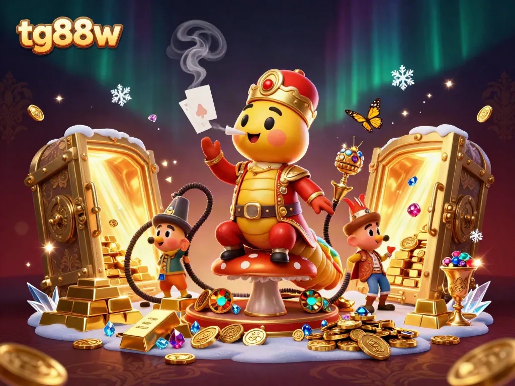 Experience the excitement at tg88w with a vibrant 3D casino illustration showcasing a unique hookah-master and treasure elements.