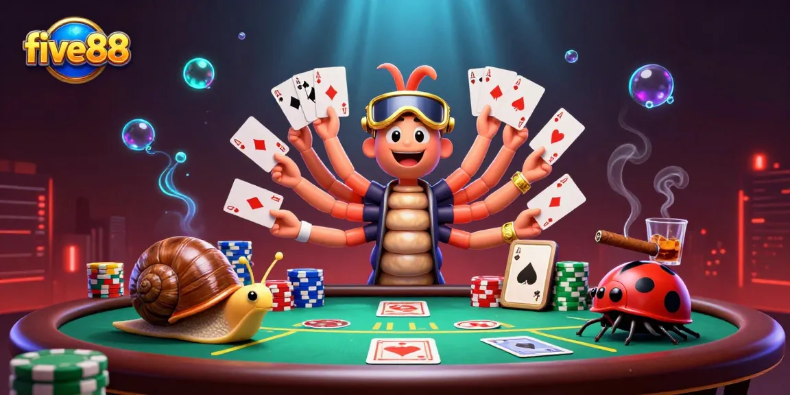 Engage in exciting poker at five88 with a colorful dealer, chip stacks, and vibrant casino elements.