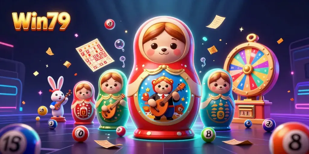 Experience the excitement at Win79 with playful characters and dynamic gaming elements in a vibrant casino scene.