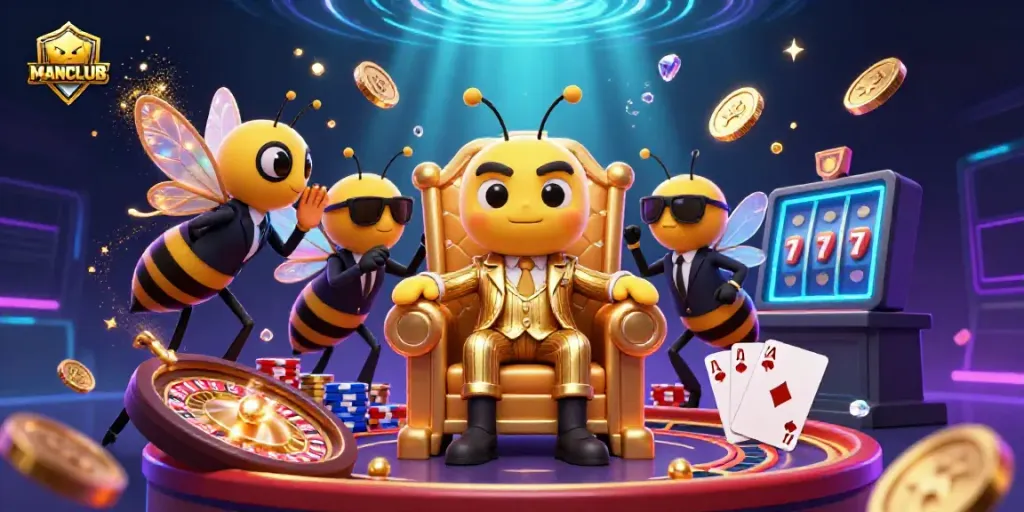 Engage with MANCLUB's thrilling gambling scene featuring animated characters and gold coins.