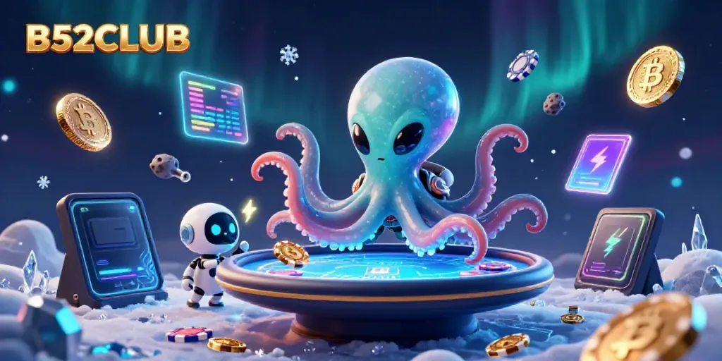 Engage in the alien-themed B52CLUB casino experience with vibrant poker and crypto elements.