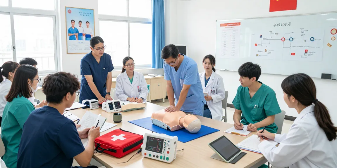 Medical training session with healthcare students practicing CPR techniques in a bright classroom.
