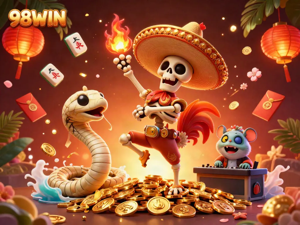 98WIN offers a vibrant, energetic casino illustration featuring a mariachi rooster and a DJ hamster amidst golden coins.