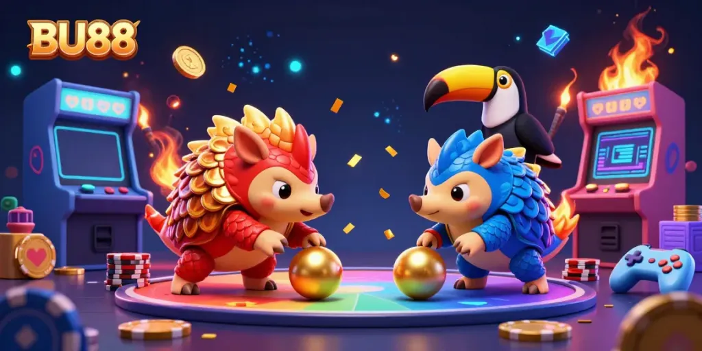 Experience BU88 gaming action with pangolins in a vibrant casino scene filled with excitement.