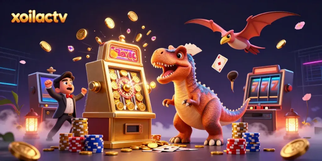 Xoilactv showcases a vibrant 3D scene with a dinosaur engaging with a slot machine in a dynamic casino atmosphere.