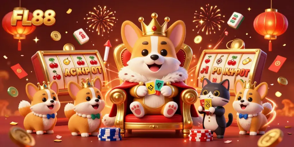 Join the royal fun at FL88 with a vibrant casino scene featuring a golden corgi and exciting game elements.