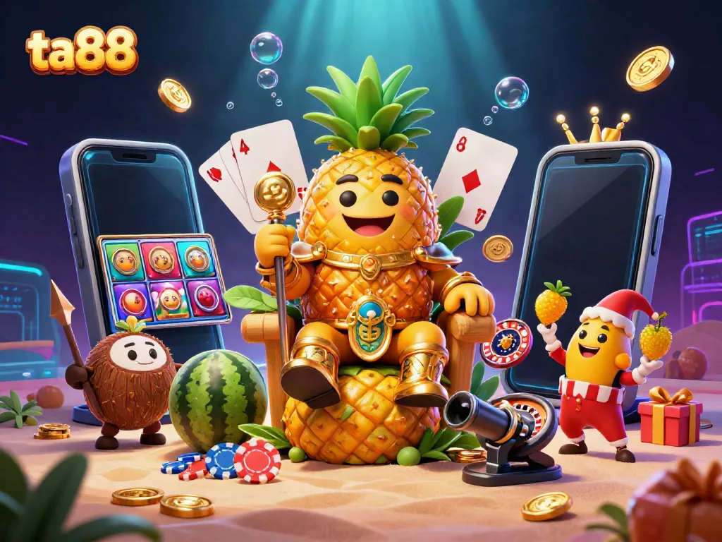 Engage in thrilling gaming at ta88 with dynamic characters and vibrant casino elements in a fantastical scene.