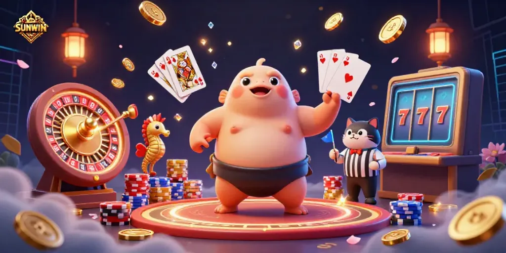 SUNWIN showcases a lively underwater casino scene with a puffed fugu, catfish referee, and seahorse fans amidst casino elements.