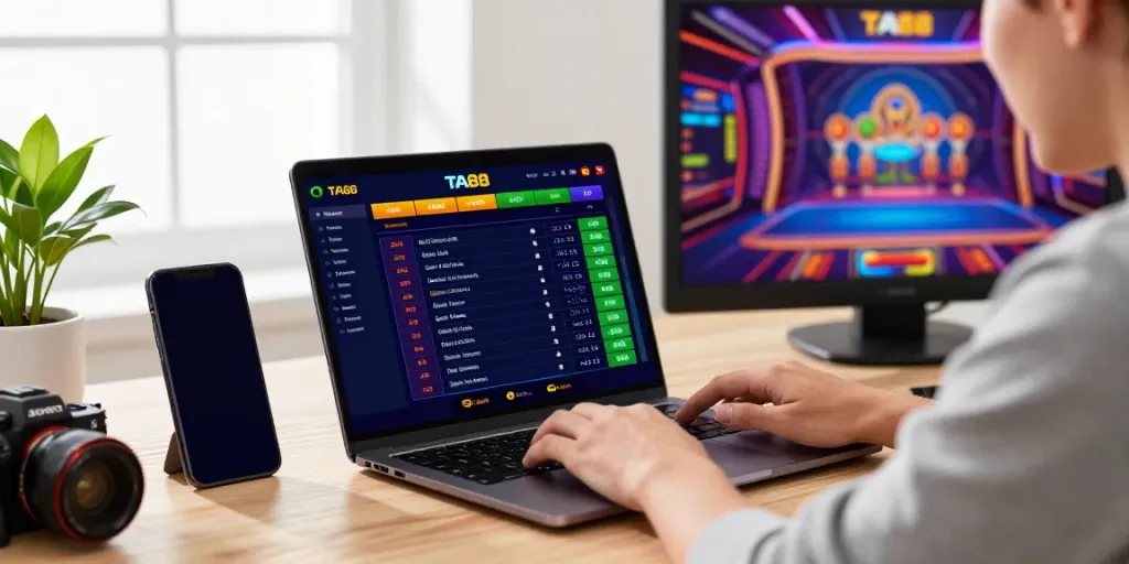 Engaging betting scene on https://ta88.network/ with laptop and mobile app showcasing vibrant odds and casino graphics.