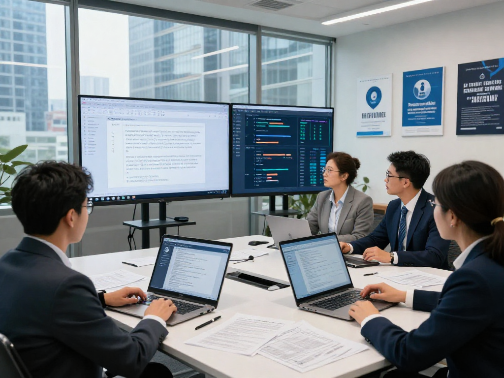 Team analyzing document fraud detection software in a modern office setting.