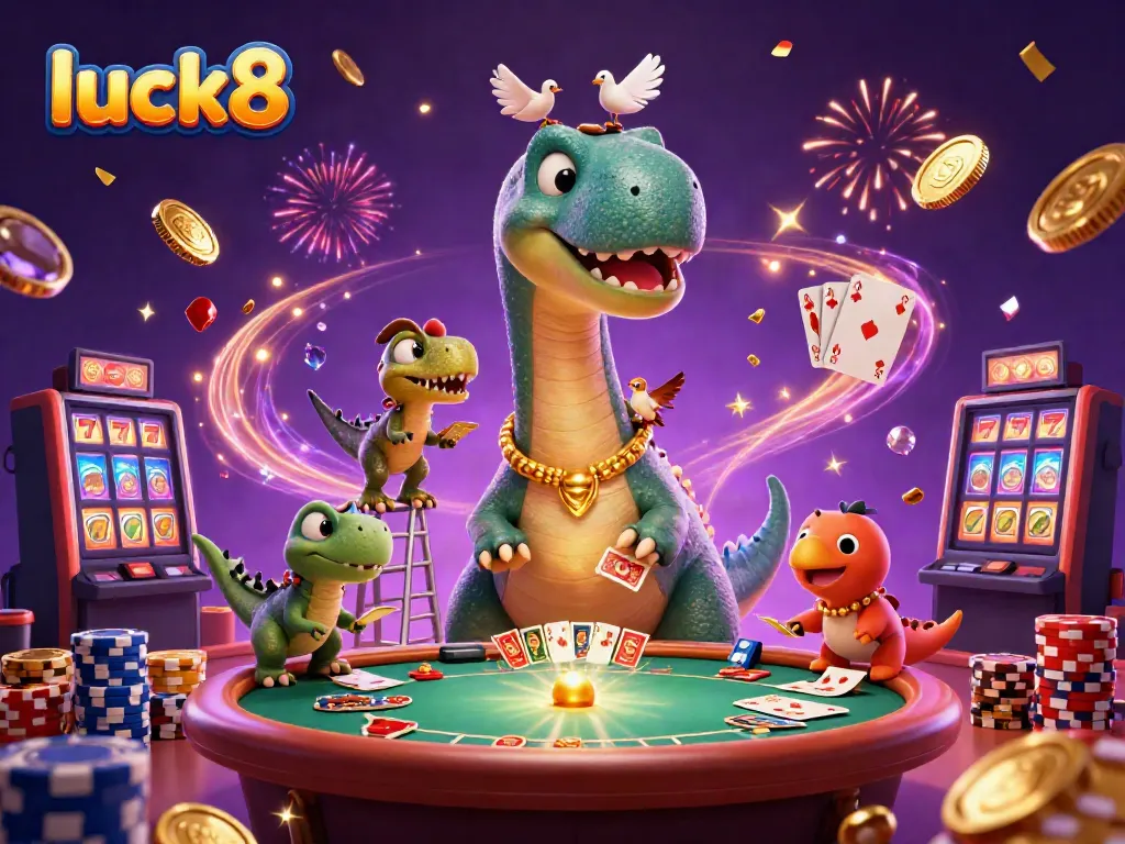 Experience luck8 with a giant brontosaurus overseeing an exciting casino scene filled with gold and gems.