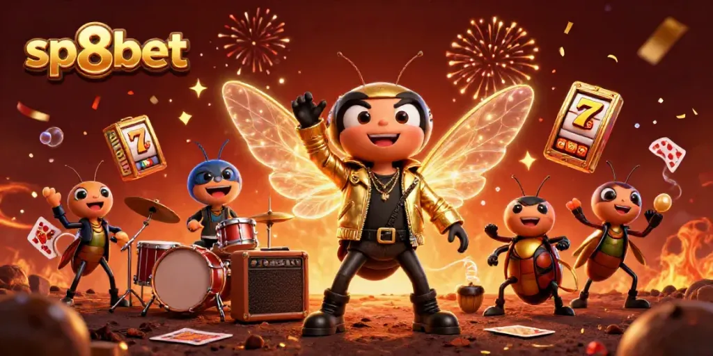 Engage with sp8bet's exciting jackpot adventure featuring a buzzing cicada rock star amidst slot reels and festive elements.