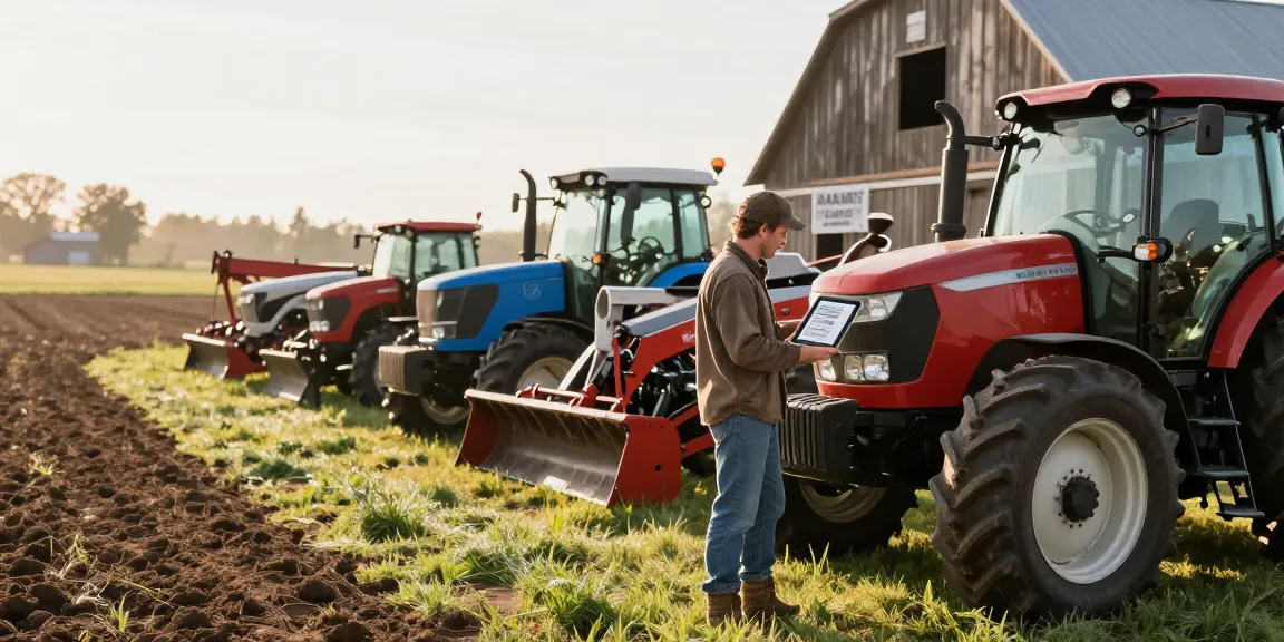 This farm equipment catalogue helps farmers compare tractors and combines in early morning light.