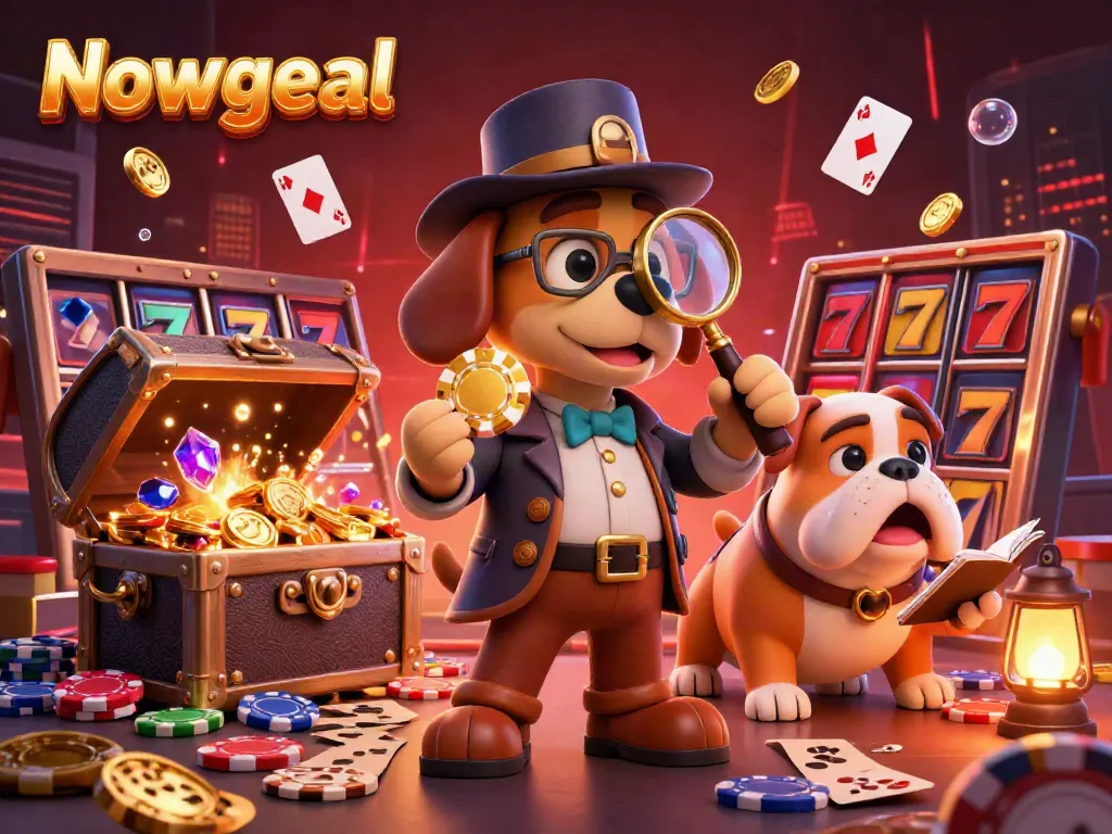 Engage in winning strategies on Nowgoal with casino characters exploring dynamic gambling clues in a vibrant scene.