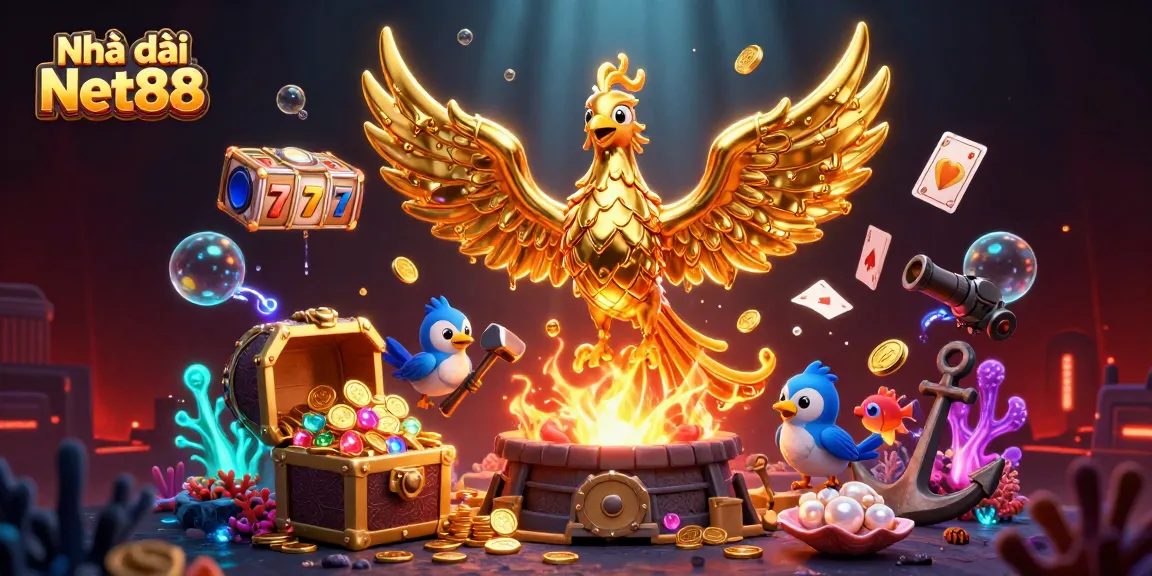 Engage with Nhà cái Net88 in this dynamic 3D casino illustration filled with gold and vibrant gaming elements.