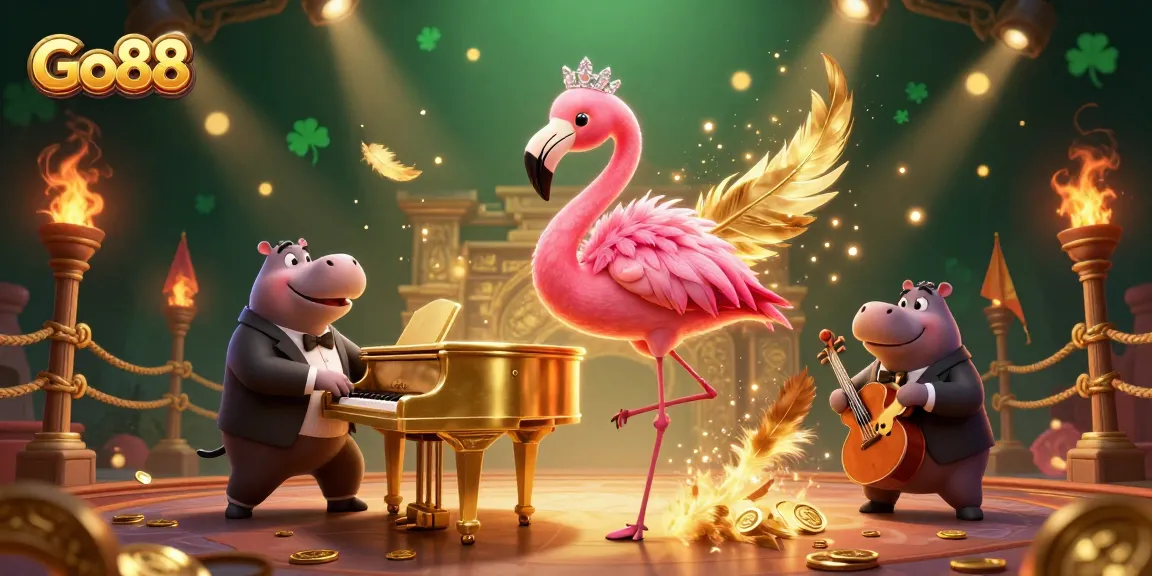 Engage in thrilling gameplay at Go88, featuring a vibrant casino scene with charismatic characters and exciting game elements.