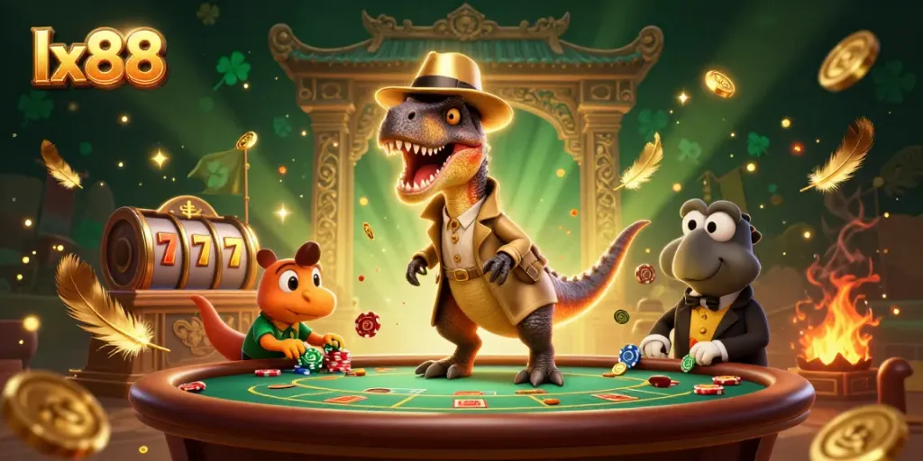 Experience thrilling gameplay with lx88's vibrant casino scene featuring animated characters engaging in blackjack.
