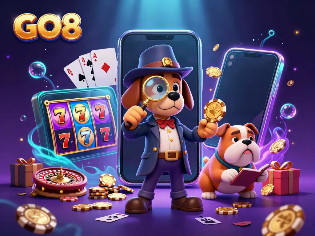 GO8 detective investigates golden poker chip amid casino elements in vibrant 3D illustration