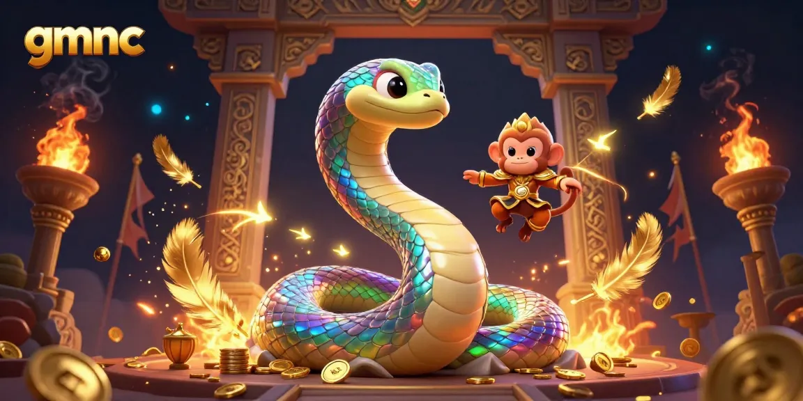Engage with gmnc's vibrant gaming universe, featuring a magical scene of a serpent and monkey king in action.