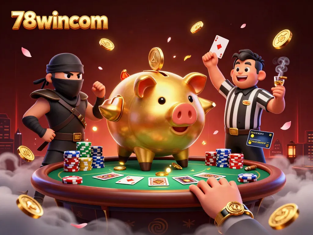 Experience thrilling gameplay at 78wincom with animated characters, dynamic poker elements, and vibrant casino atmosphere.