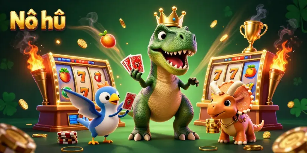 Nổ hũ scene with a T-Rex shuffling cards, a pterodactyl assistant, and a triceratops stacking golden chips amidst flying slot elements.