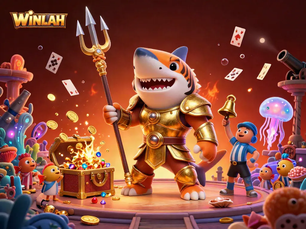 Experience the thrill of WINLAH with an exciting underwater casino scene featuring a tiger shark gladiator.