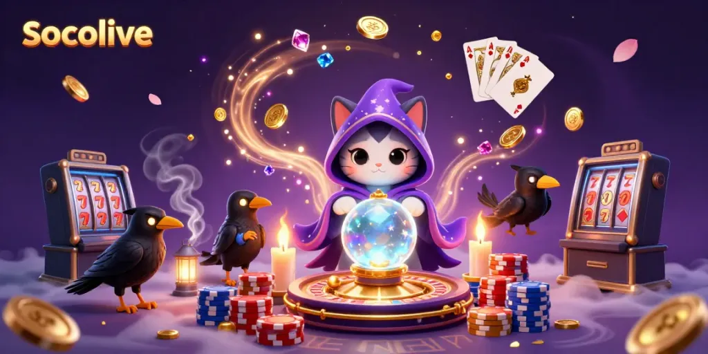 Socolive showcases an enchanting scene with fortune teller mystic cat and tarot-raven, surrounded by vibrant casino elements and golden coins.
