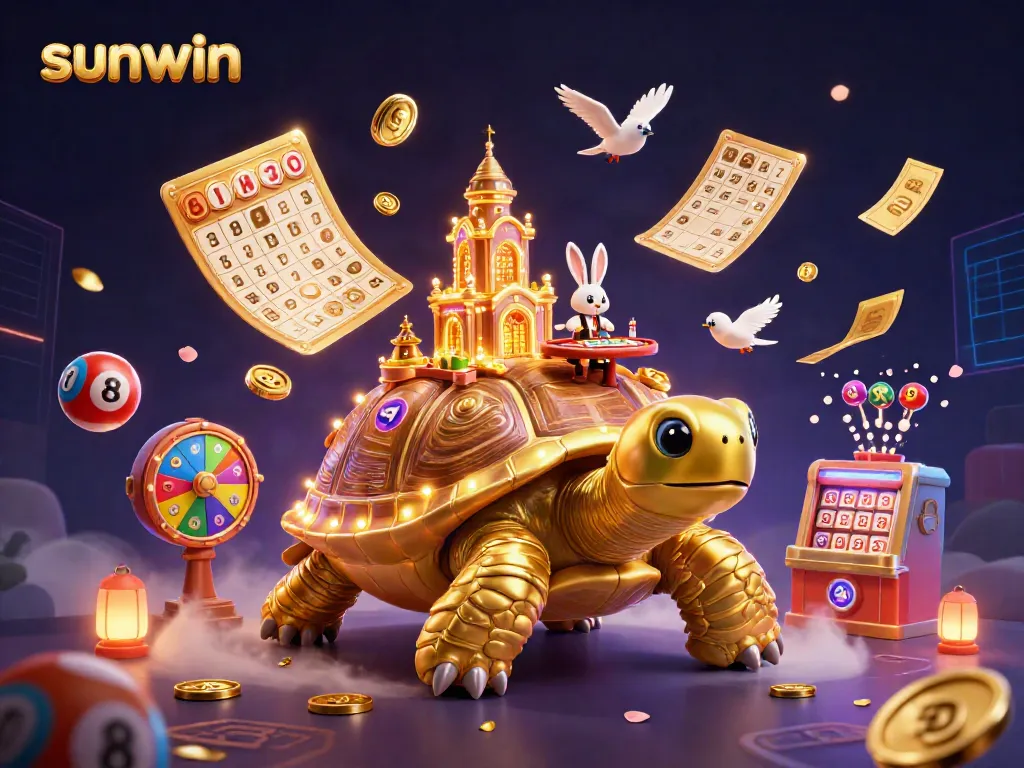 Engage with sunwin, featuring a playful golden tortoise casino scene with dynamic game elements and festive tokens.
