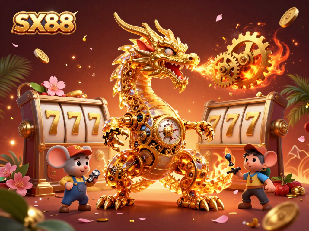 Experience the thrill of SX88 with a dynamic casino illustration showcasing a dragon and vibrant game elements.