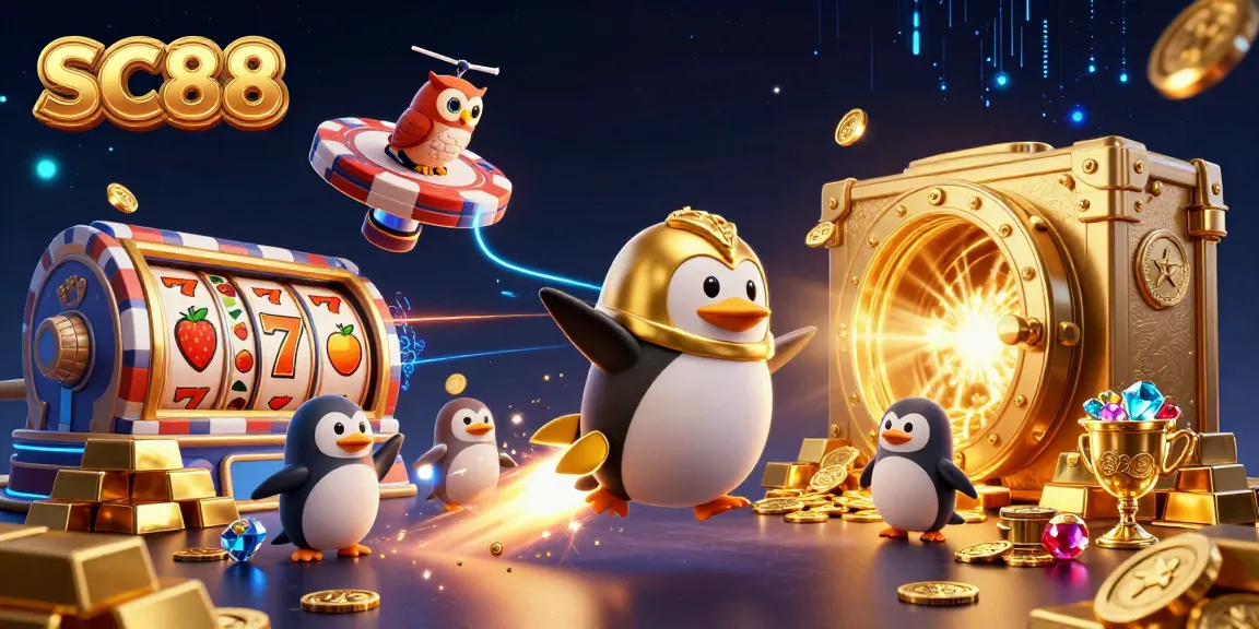 Experience exciting wins at SC88 as a golden penguin and poker chip casino converge in a treasure-filled 3D space.