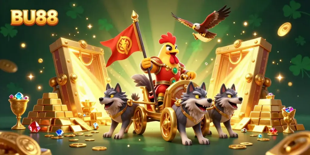 Experience BU88’s thrilling features with a dynamic 3D illustration of a rooster warlord and treasure.