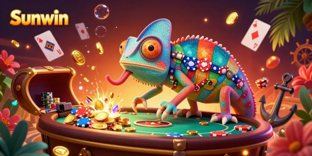Sunwin casino chameleon capturing golden coins amidst vibrant playful gaming elements.