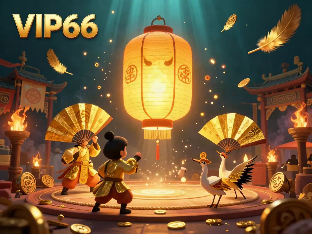 Experience the excitement of VIP66 with a golden lantern spirit illuminating a vibrant night market casino scene.