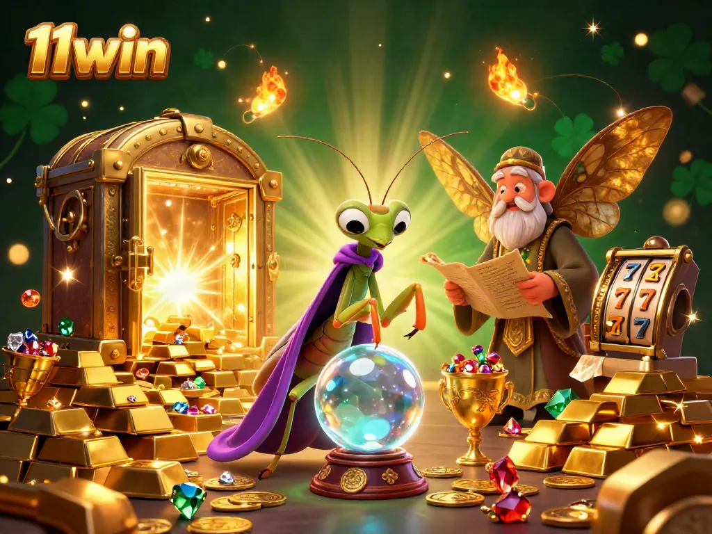 Experience thrilling 11win games with mystical fortune tellers and treasures in this vibrant illustration.