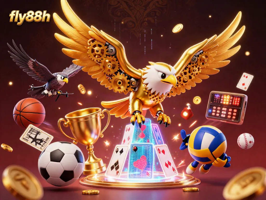 fly88h electrifies with a dynamic scene of a golden eagle soaring over cascading holographic cards
