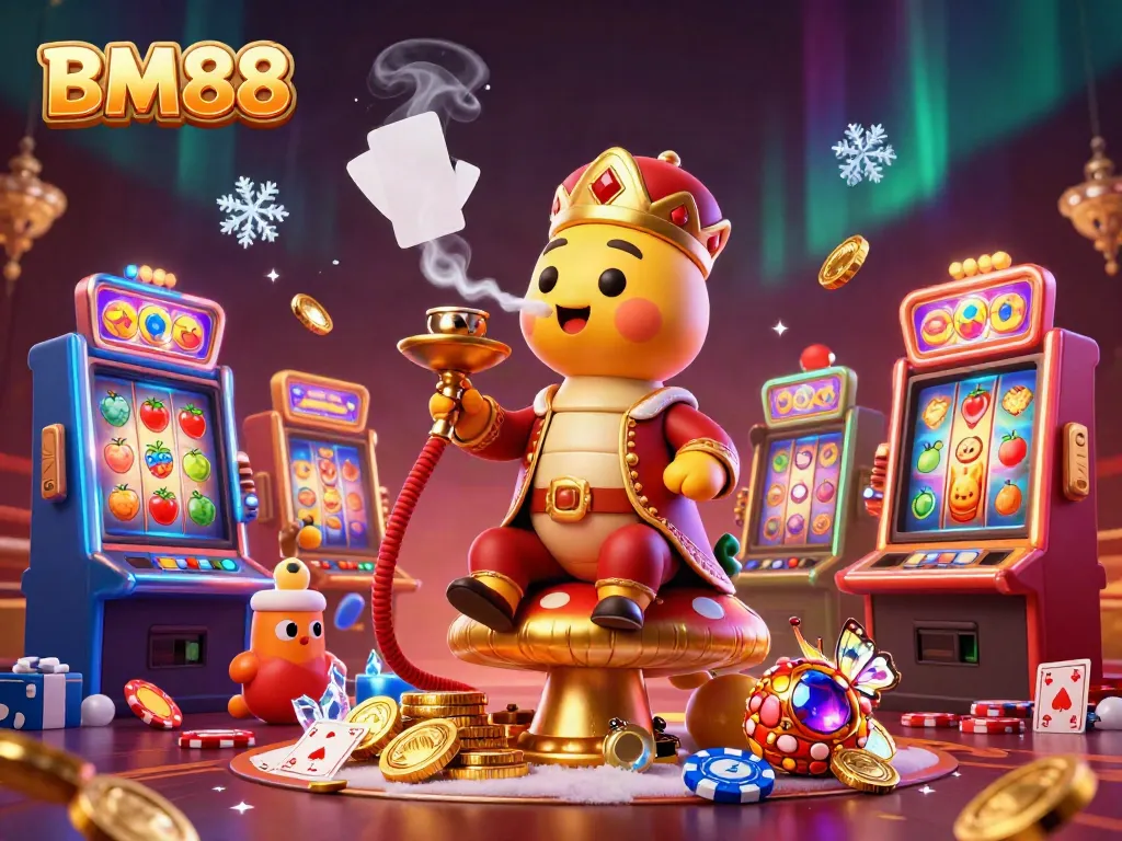 Engage in thrilling gameplay with BM88 at this vibrant casino scene featuring an elaborate caterpillar master and slot machines.