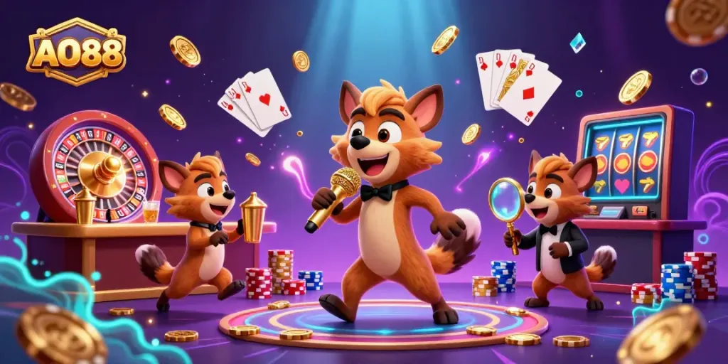Enjoy thrilling gameplay at AO88 with lively hyenas in a dazzling casino scene.