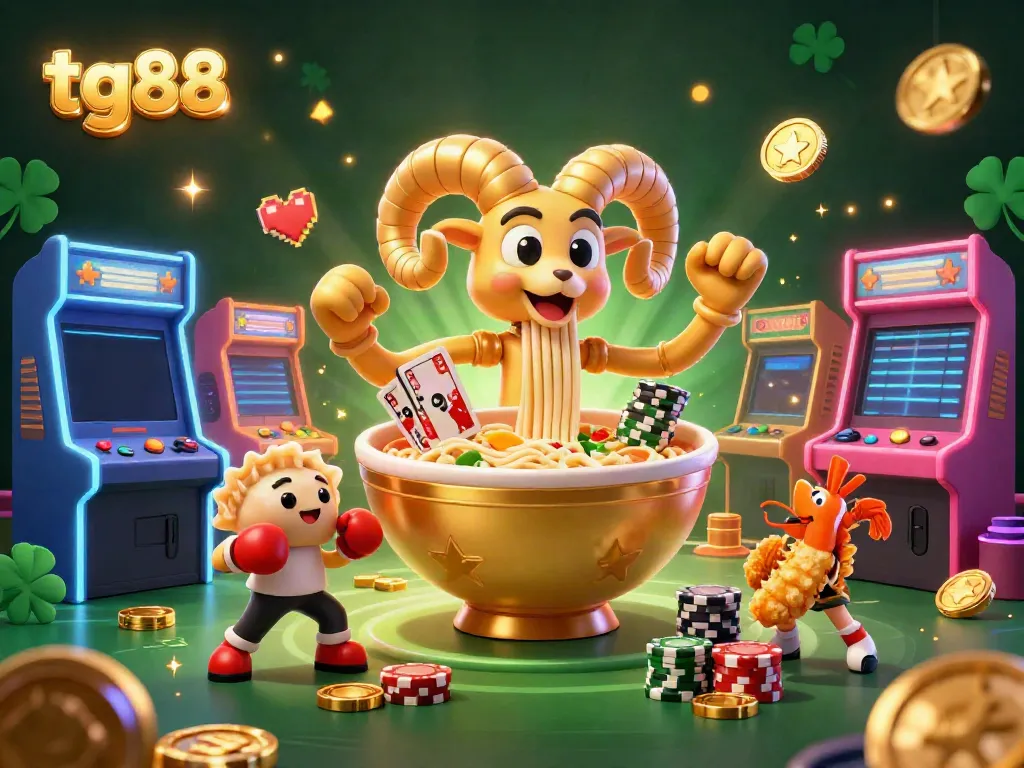 Engage with tg88 as a vibrant cartoon casino scene features a giant ramen bowl dealer, arcade machines, and golden coins.