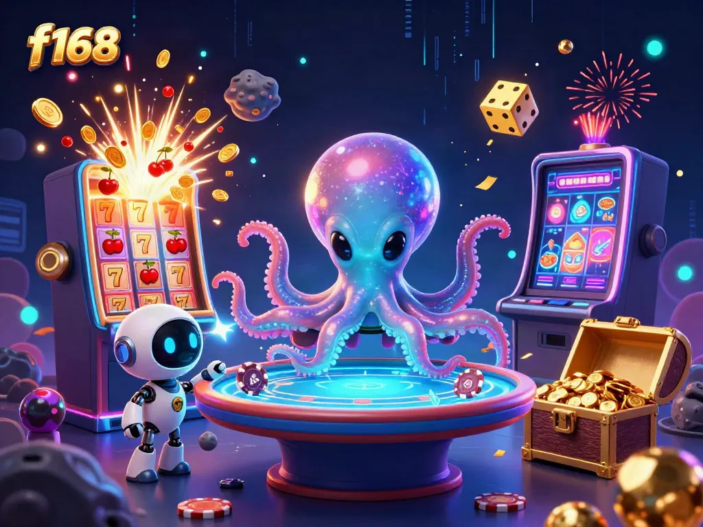 Engage in thrilling gaming adventures with f168's charismatic alien octopus and robot at a holographic poker table.
