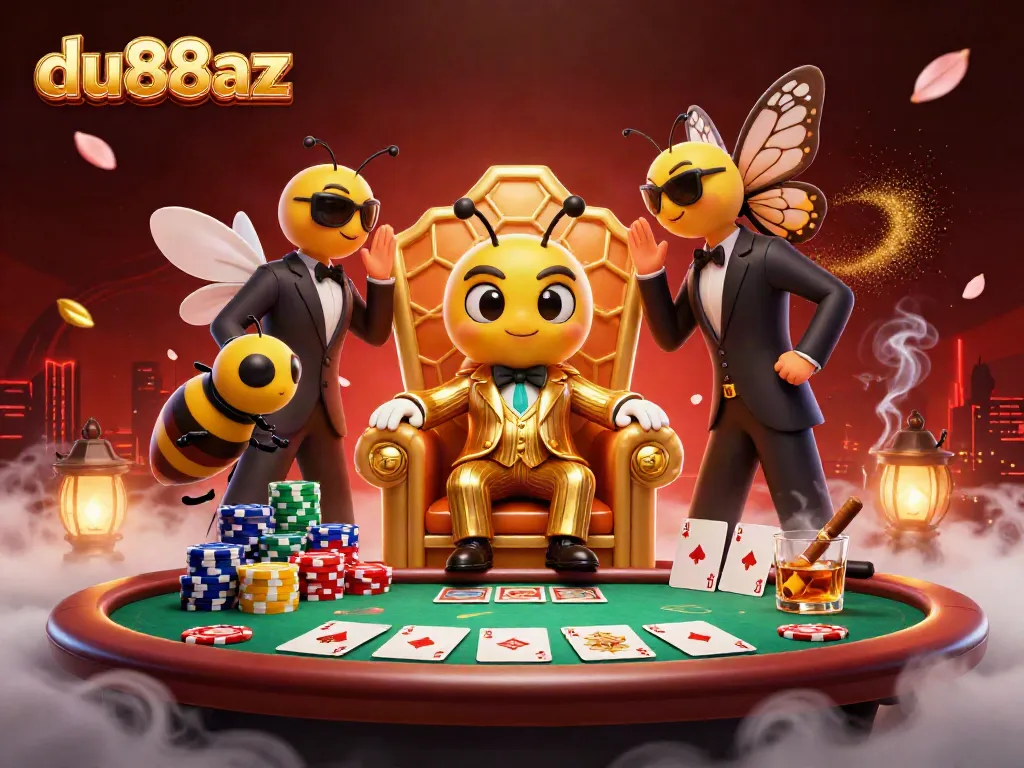 Engage in thrilling poker action at du88az with a lively cartoon casino scene featuring a bumblebee mob boss.