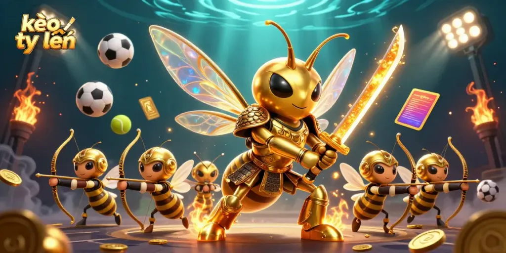 Engaging kèo trực tuyến scene with a golden hornet in samurai armor showcasing dynamic sports betting elements.