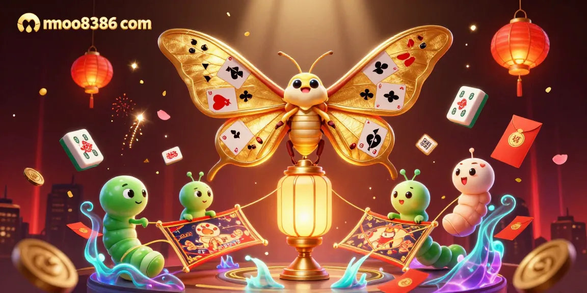Engage with thrilling action at mmoo8386 com through captivating casino art featuring golden moths and festive elements.