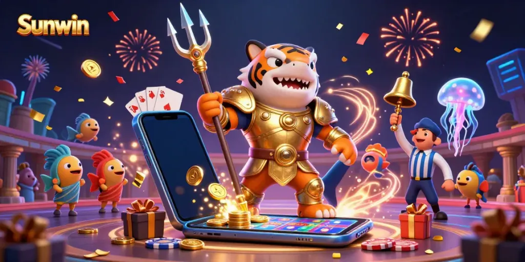 Experience exciting gameplay at Sunwin with a dynamic underwater casino scene featuring a tiger shark and vibrant game elements.