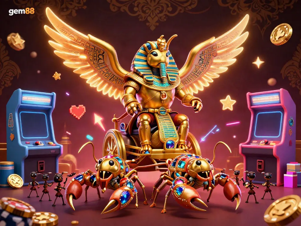 Join the exciting world of gem88 with a vibrant illustration showcasing a golden scarab chariot and lively gaming elements.