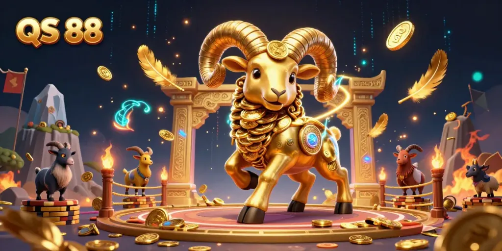Experience thrilling rewards at QS 88 with the dynamic golden ram charging through a vibrant casino setting.